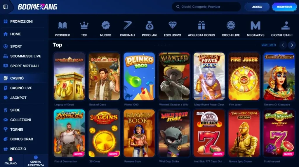 Homepage Boomerang Bet Casino con slot e bonus per italiani 2026