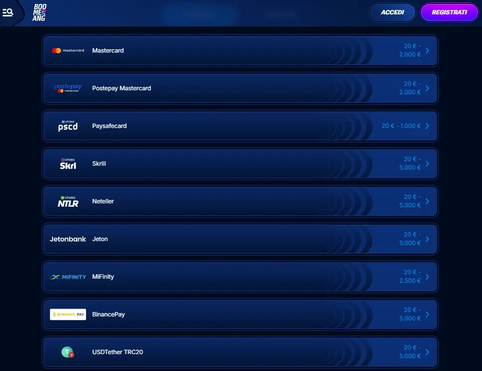 Metodi deposito e prelievo su Boomerang Casino Online Italia