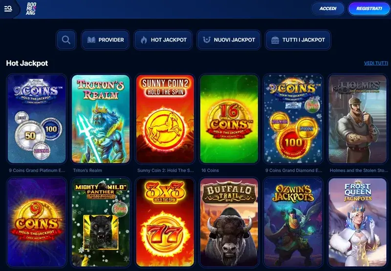 Slot jackpot progressivi Boomerang Casino con premi milionari